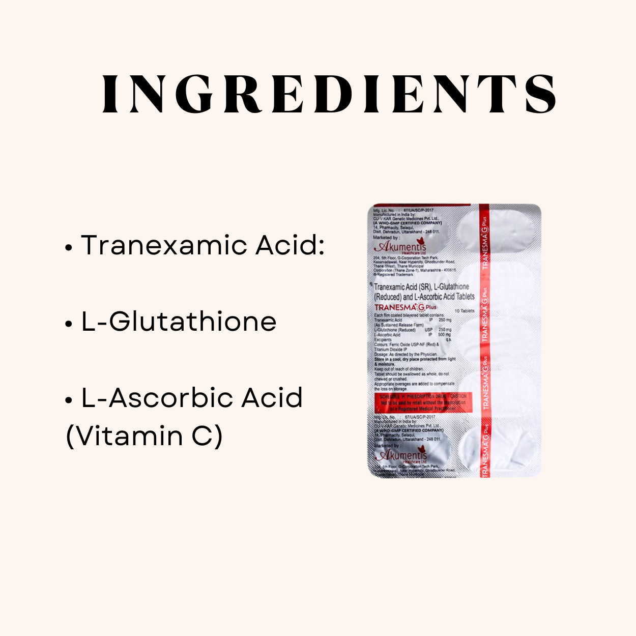 l glutathione tranexamic acid & l ascorbic acid tablets L-Glutathione (Reduced),Tranexamic (SR &L-Ascorbic  Genesis Cosmotech Yorglo Tablet L Glutathione Reduced